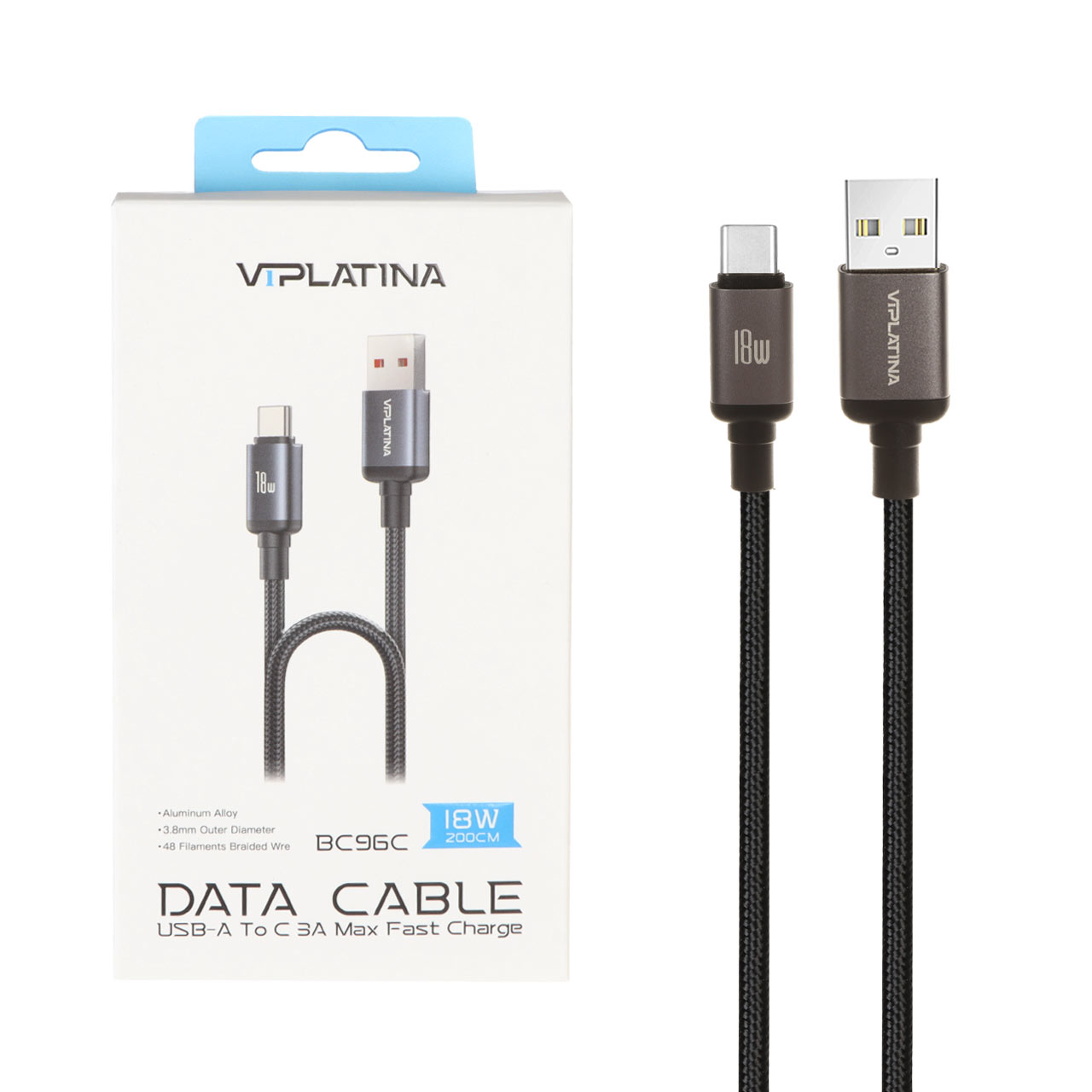 کابل شارژ فست 2 متری VIPLATINA Type-C مدل BC96C